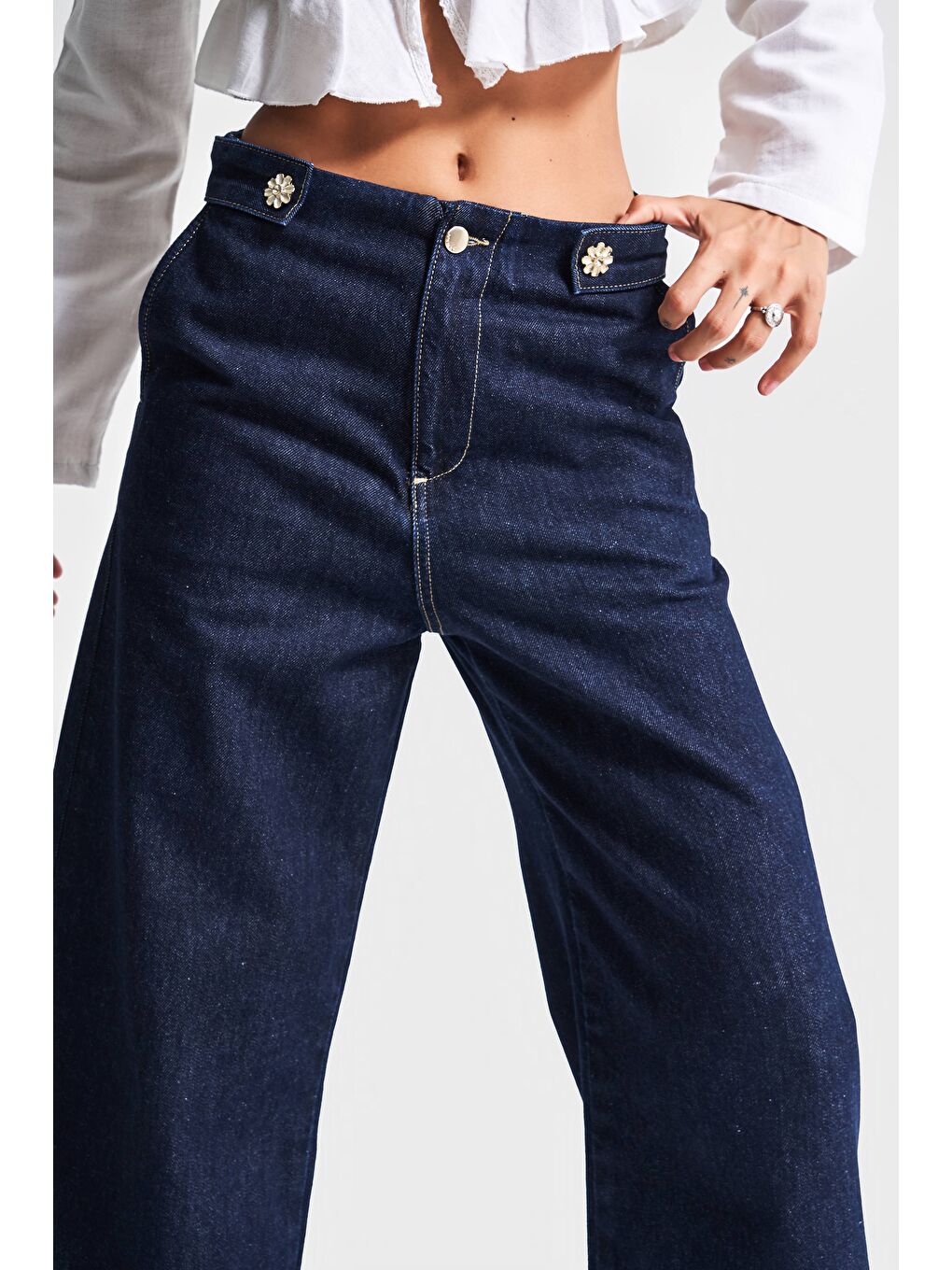 Kadın İndigo Renk 7s5-50 Culotte Fit Bol Kesim Viskon Pamuk Kumaş İç Boy 68cm Denim Jean-3