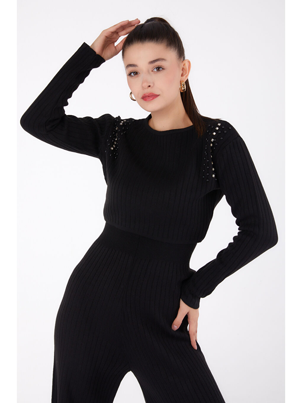 Fitilli Taş Detaylı Triko Takım Siyah - 27633-1