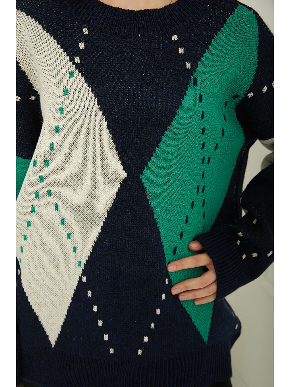 Kadın Bisiklet Yaka Baklava Desen Triko Kazak Lacivert Krem - 26599-4