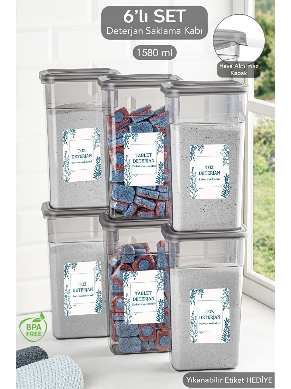 Gri 6 lı Etiketli Deterjan Saklama Kabı Seti   Hava Geçirmez Kapaklı Saklama Kutusu   6 x 1580 ml