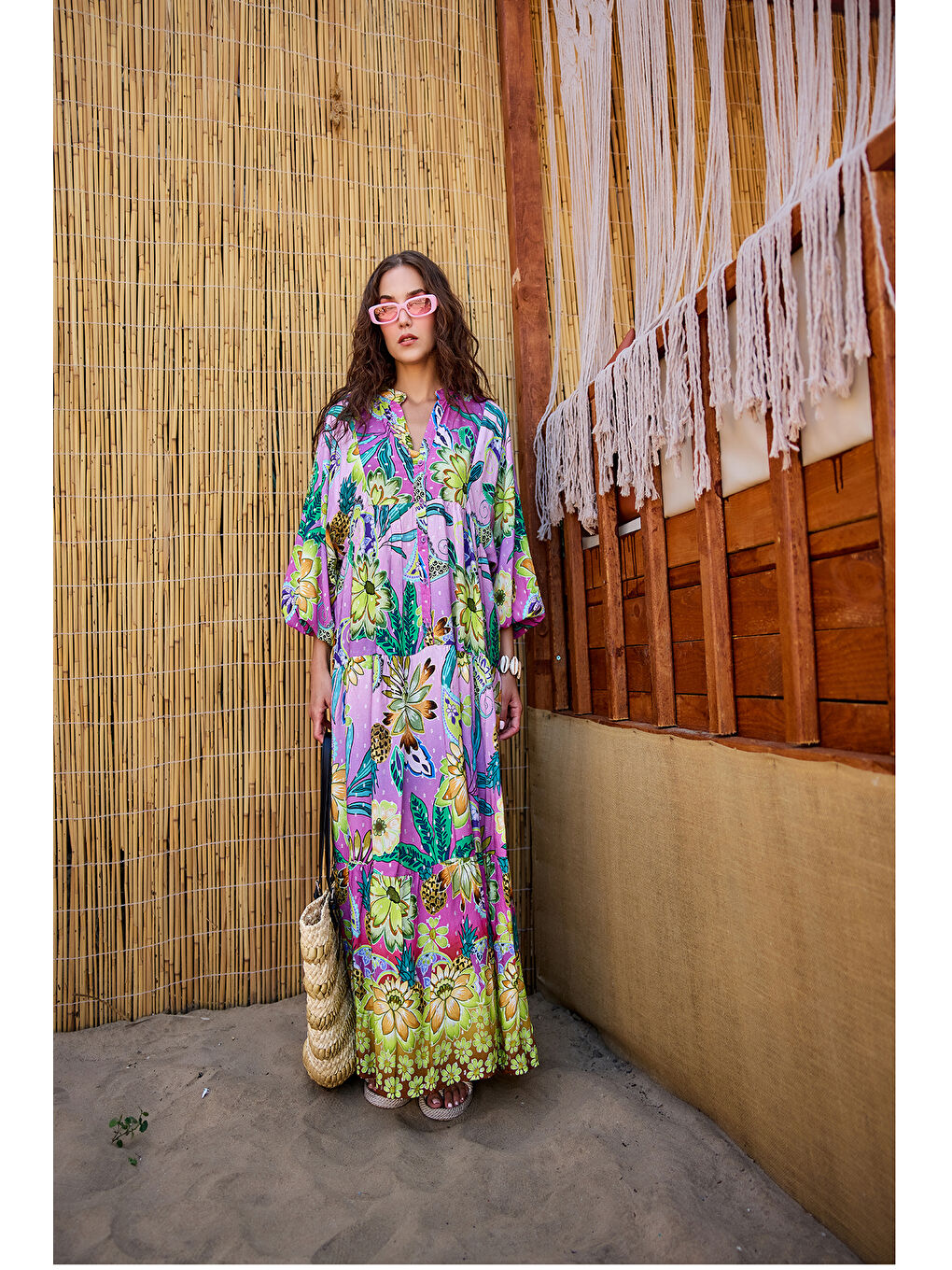 Kadın Soyut Botanik Desen Elbise Pembe-Mor-4