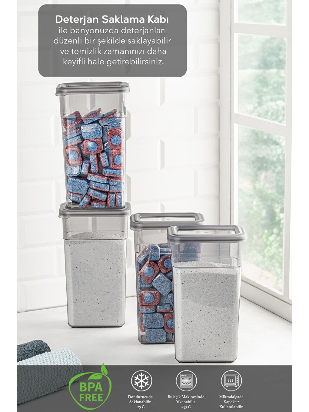 Gri 6 lı Etiketli Deterjan Saklama Kabı Seti   Hava Geçirmez Kapaklı Saklama Kutusu   6 x 1580 ml-1