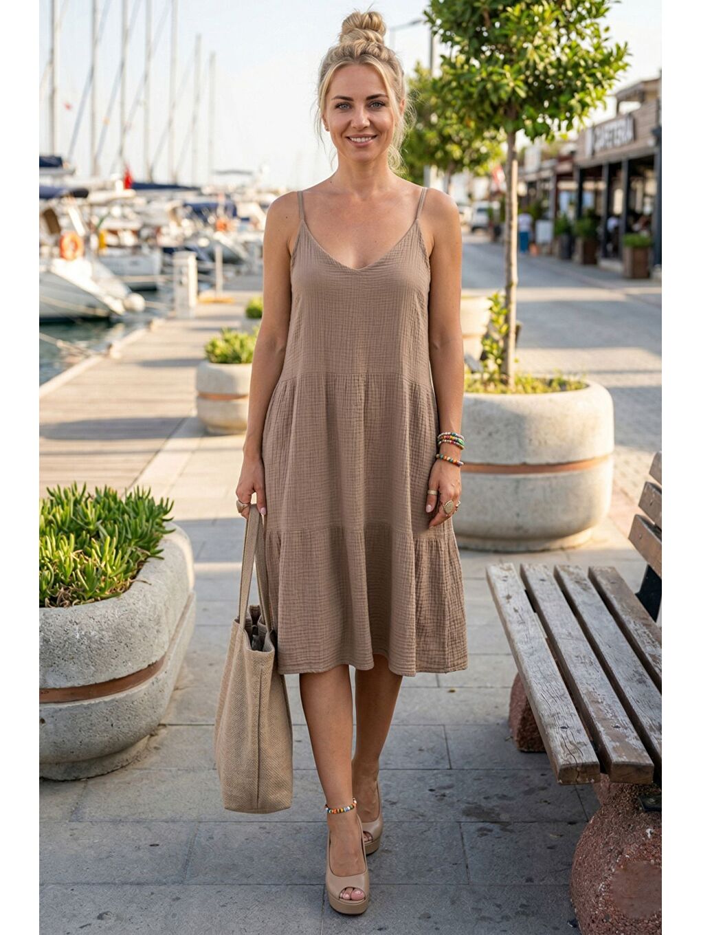 Kahverengi Açık Kahve Askılı Eteği Fırfırlı Ayarlanabilir Askılı Casual Müslin Dokuma Elbise 98 55