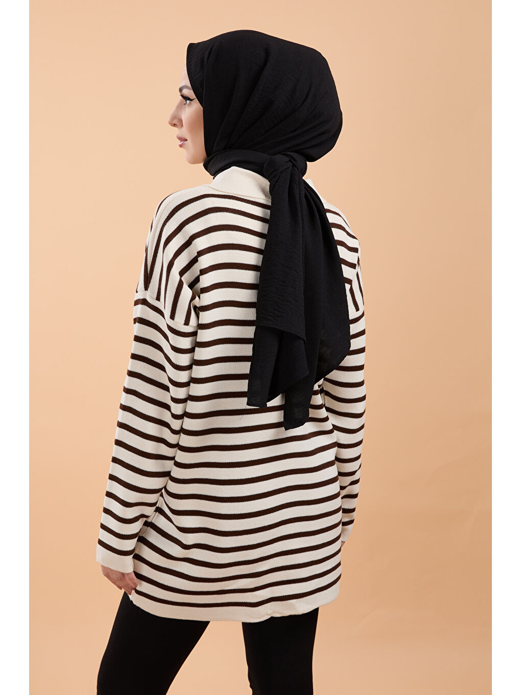 Ekru Çift Düğmeli Çizgili Triko Kazak Krem - 27628-3