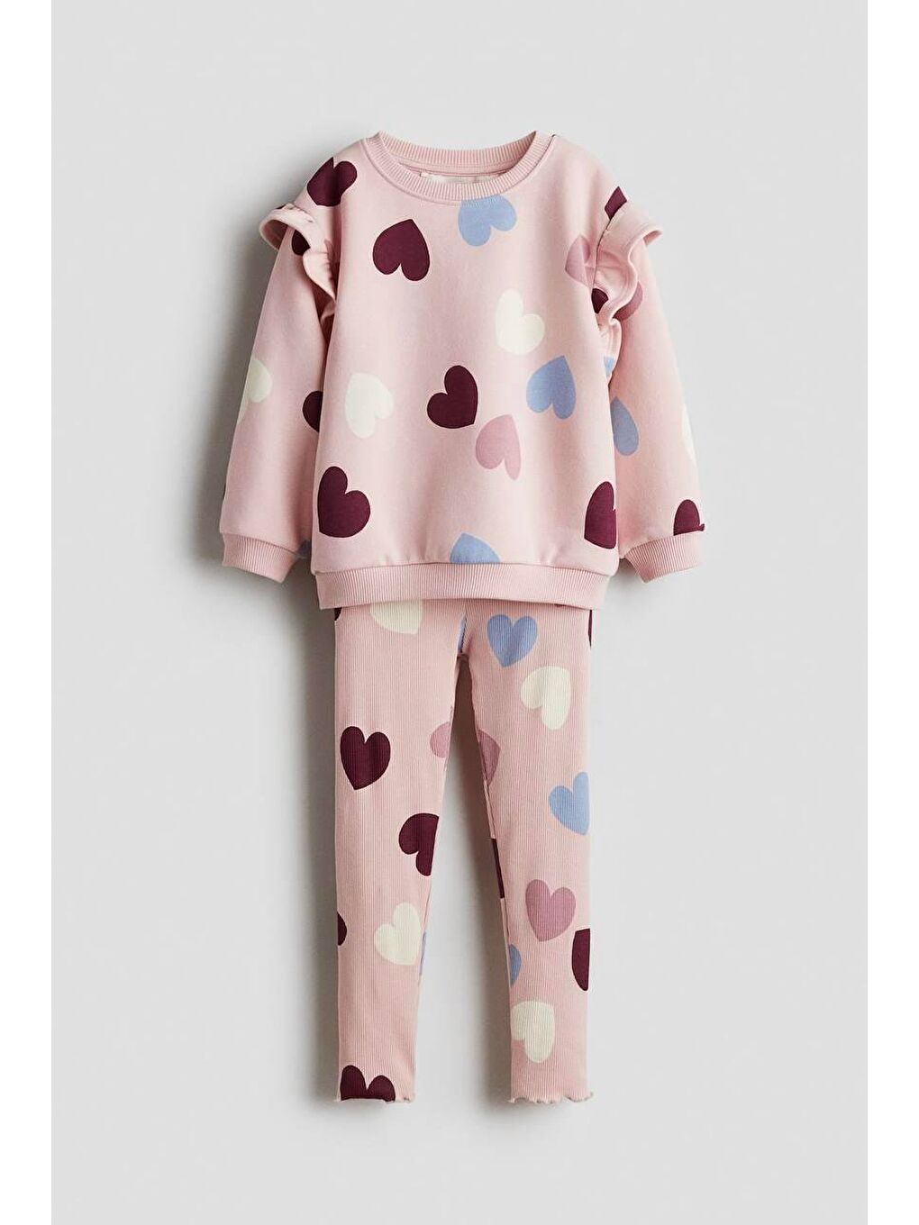Pembe Kız Çocuk Pamuklu Pudra Kalpli Sweatshirt Ve Tayt Takım - Fırfır Omuz Detaylı
