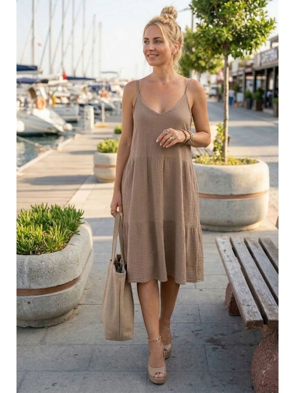 Kahverengi Açık Kahve Askılı Eteği Fırfırlı Ayarlanabilir Askılı Casual Müslin Dokuma Elbise 98 55-1