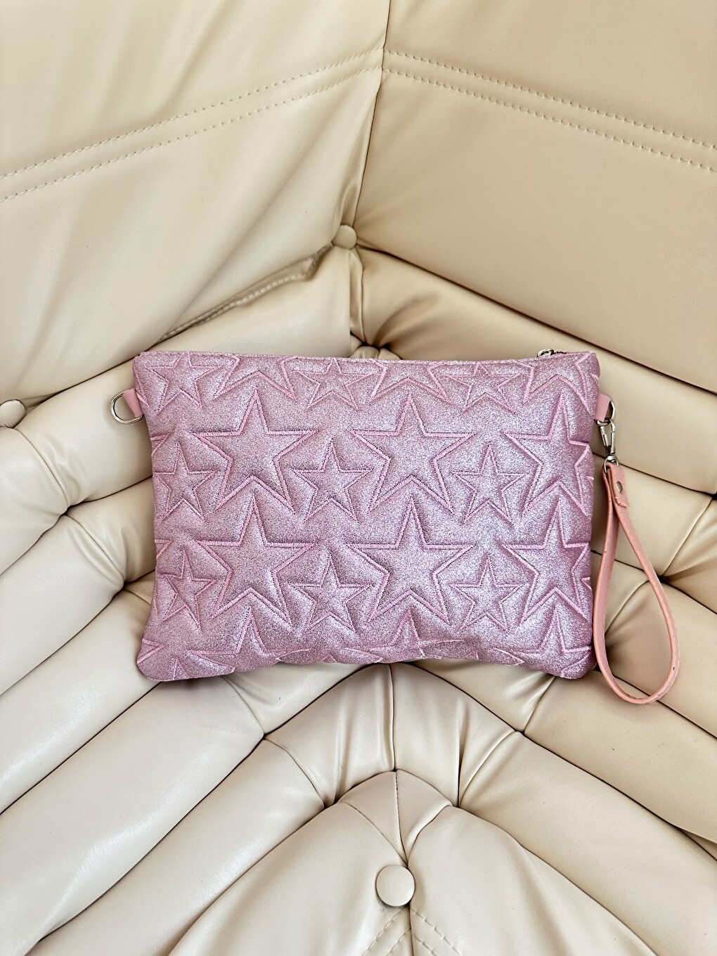Tablet Boy Dikişli Clutch Star Kadın Yıldız Çapraz Çanta Tbstar Simli Pembe-1