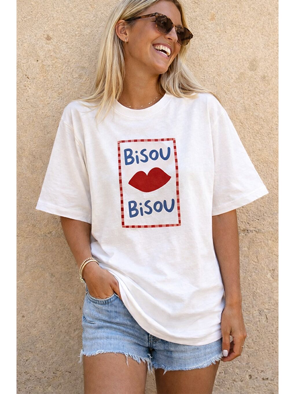 Ekru Kadın Premium Kumaş Baskılı Pamuklu Oversize T-Shirt