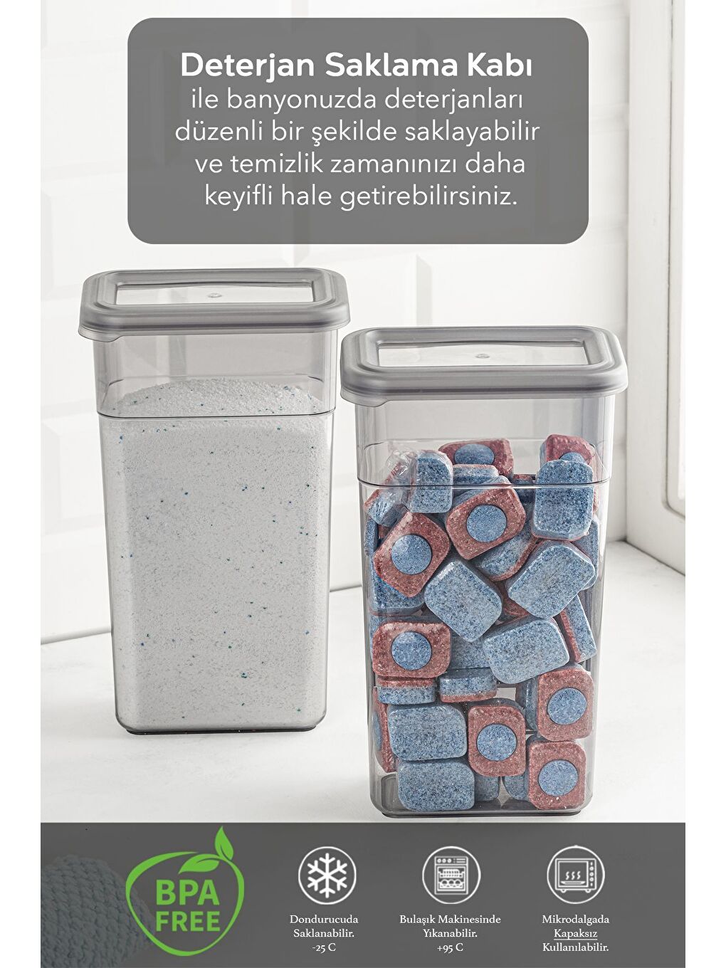 Gri 2 li Etiketli Deterjan Saklama Kabı Seti   Hava Geçirmez Kapaklı Saklama Kutusu   2 x 1580 ml-1