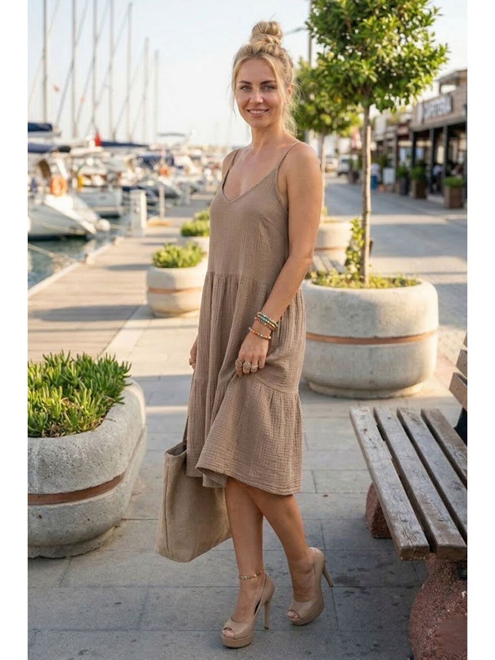 Kahverengi Açık Kahve Askılı Eteği Fırfırlı Ayarlanabilir Askılı Casual Müslin Dokuma Elbise 98 55-2