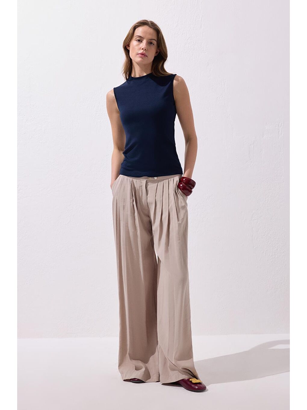 Bej Modal Ekstra Bol Paça Pantolon Taş-2