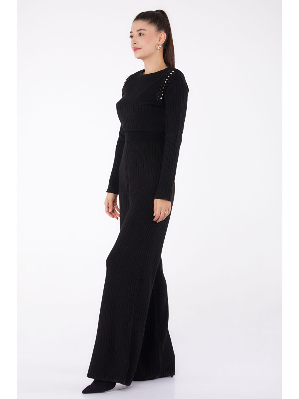 Fitilli Taş Detaylı Triko Takım Siyah - 27633-2