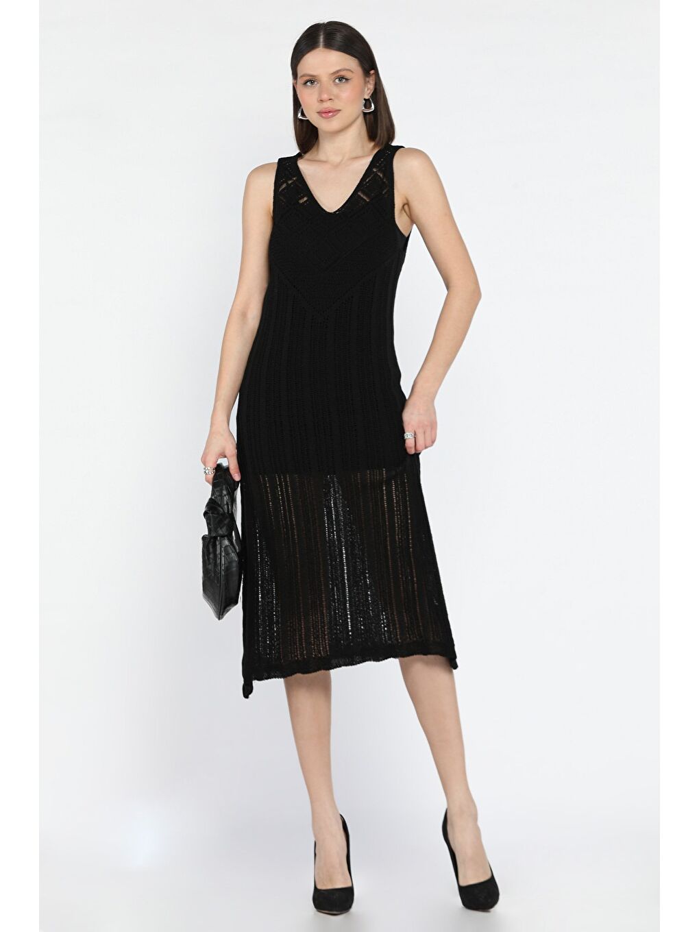 Siyah Örme Detaylı V Yaka Kadın Triko Elbise( İçlikle Giyilmesi Önerilir)