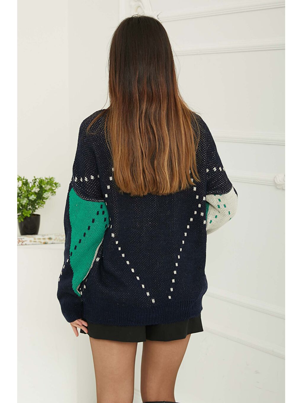 Kadın Bisiklet Yaka Baklava Desen Triko Kazak Lacivert Krem - 26599-5