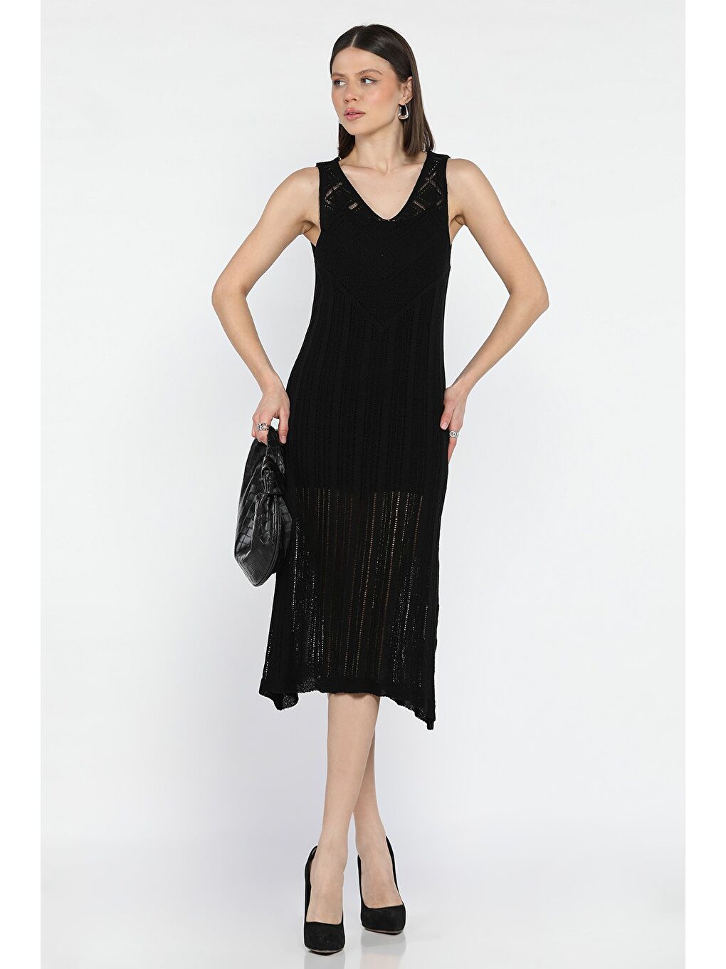 Siyah Örme Detaylı V Yaka Kadın Triko Elbise( İçlikle Giyilmesi Önerilir)-1