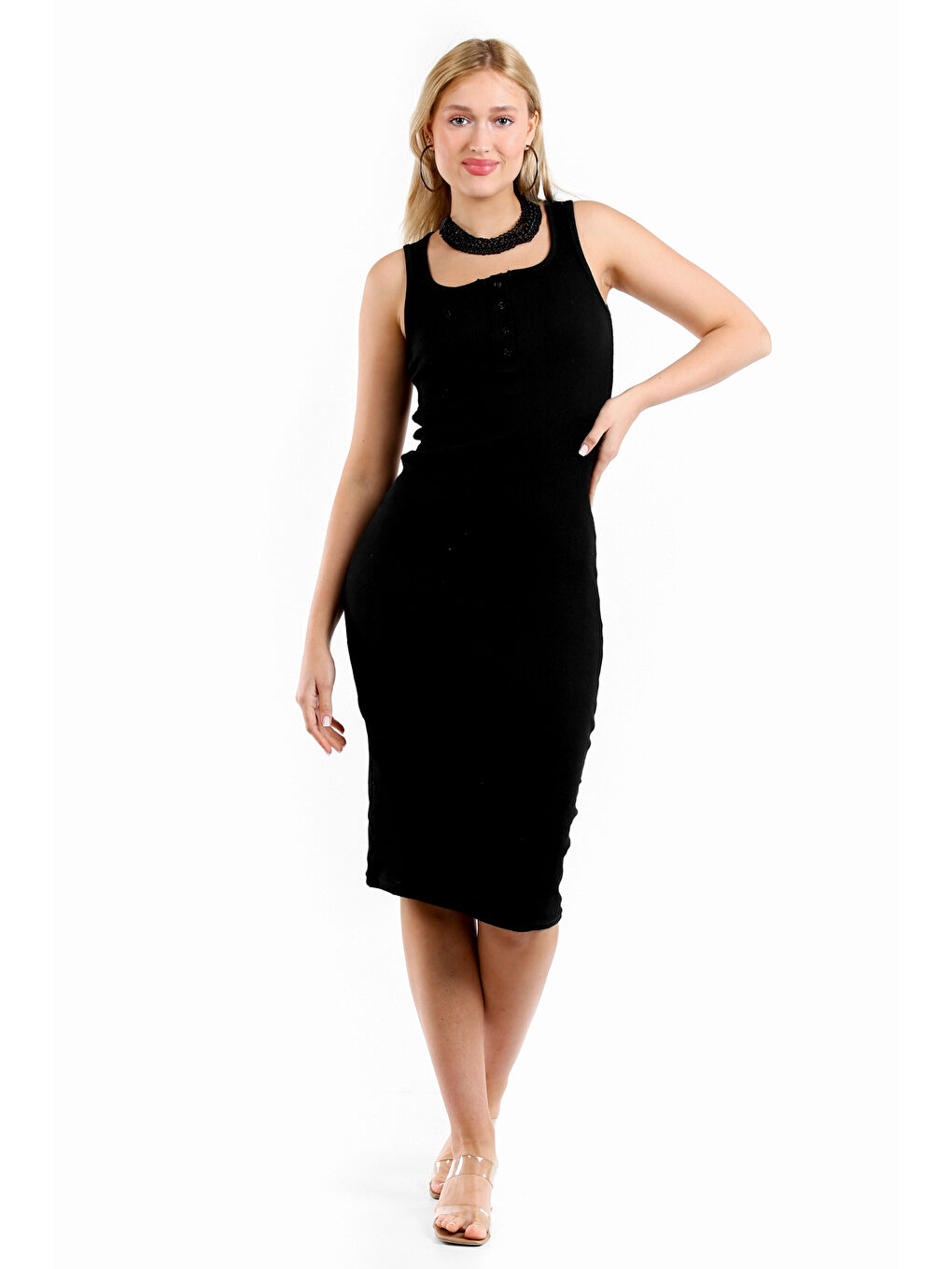 Siyah Kare Yaka Kolsuz Örme Elbise-3