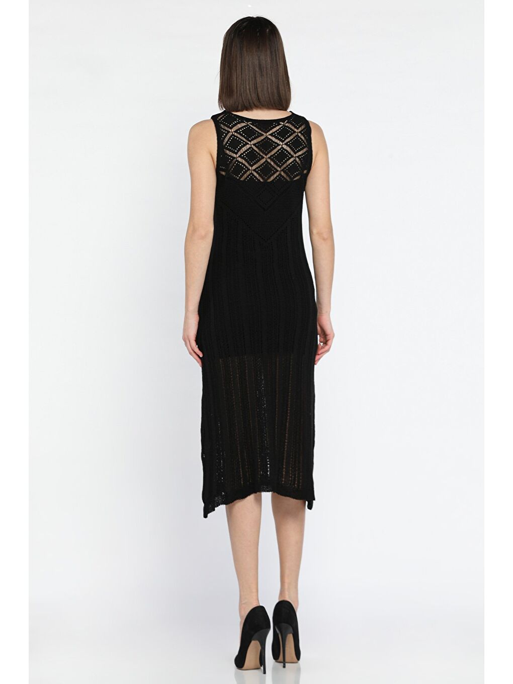 Siyah Örme Detaylı V Yaka Kadın Triko Elbise( İçlikle Giyilmesi Önerilir)-2