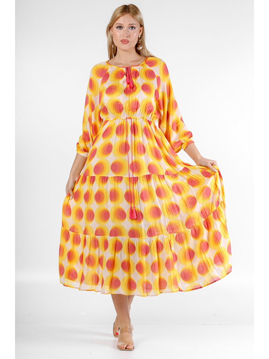 Pembe İtalyan Şeftali-Turuncu Yuvarlak Yaka 3/4 Kol Desenli Astarlı Şifon Dokuma Elbise-2