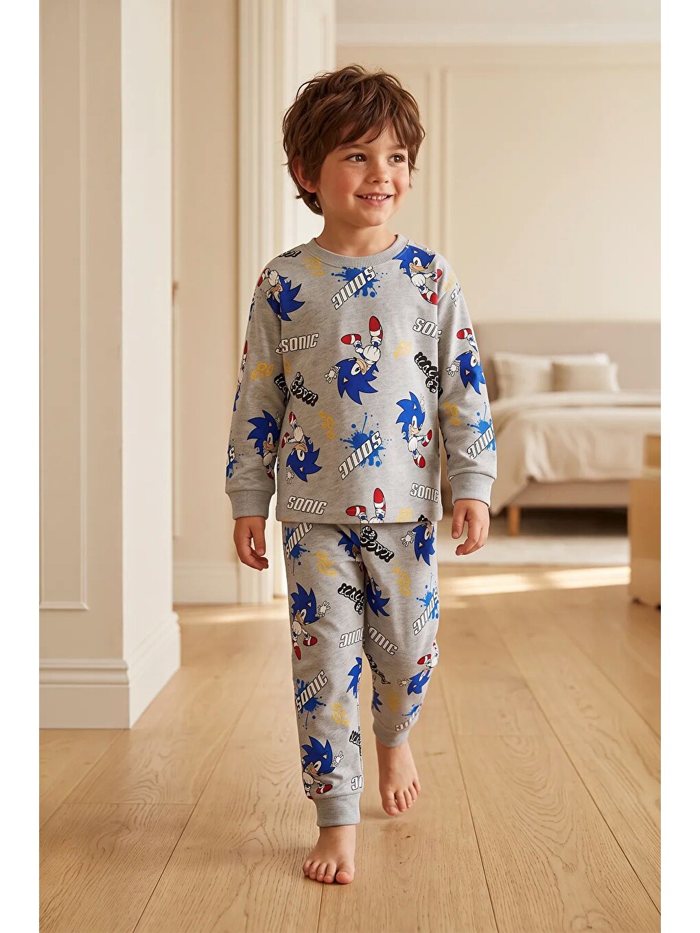 The Hedgehog Super Sonic Desenli %100 Pamuk Gri Renk Erkek Çocuk Pijama Takımı