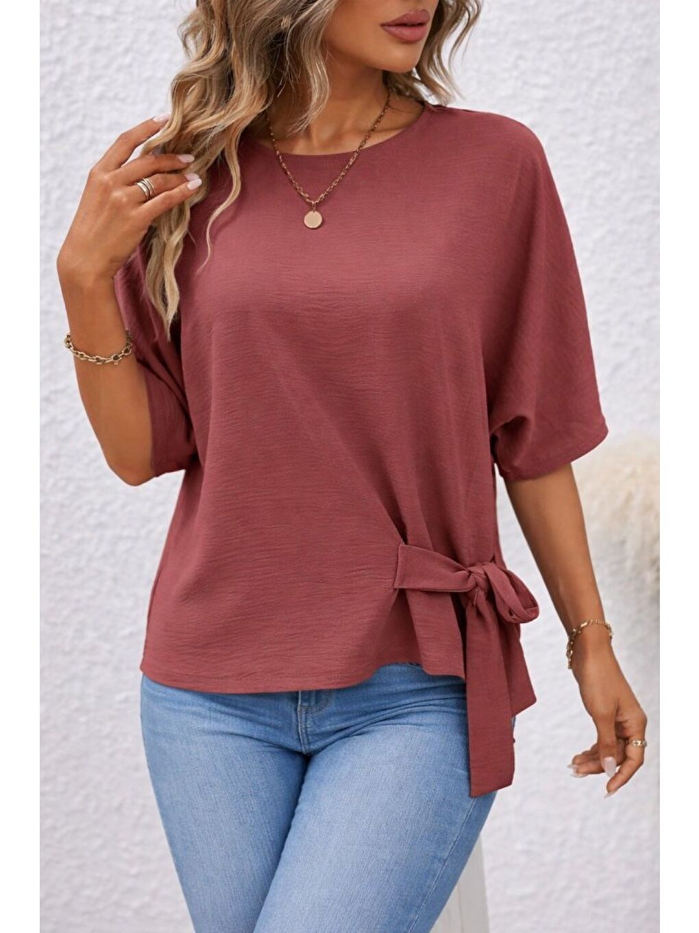 Pembe Kadın Kısa Kollu Bisiklet Yaka Yandan Bağcıklı Aerobin Bluz