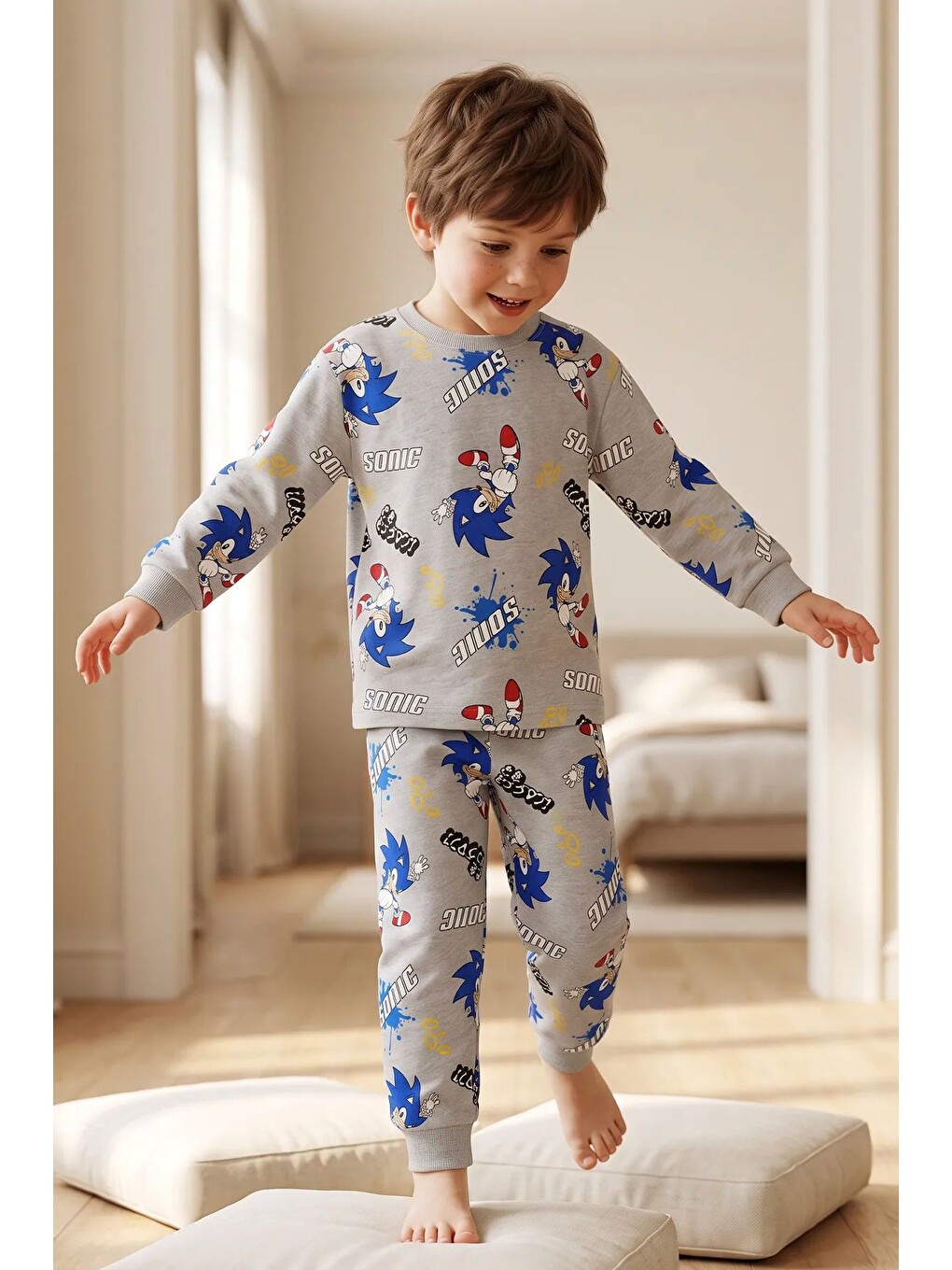 The Hedgehog Super Sonic Desenli %100 Pamuk Gri Renk Erkek Çocuk Pijama Takımı-1