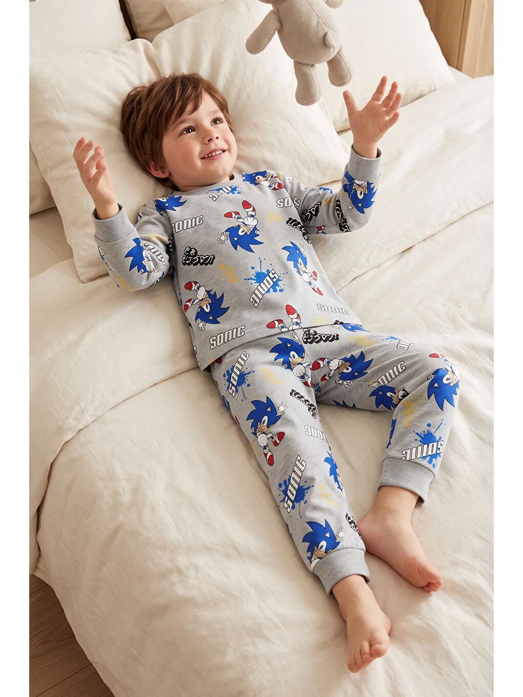 The Hedgehog Super Sonic Desenli %100 Pamuk Gri Renk Erkek Çocuk Pijama Takımı-2
