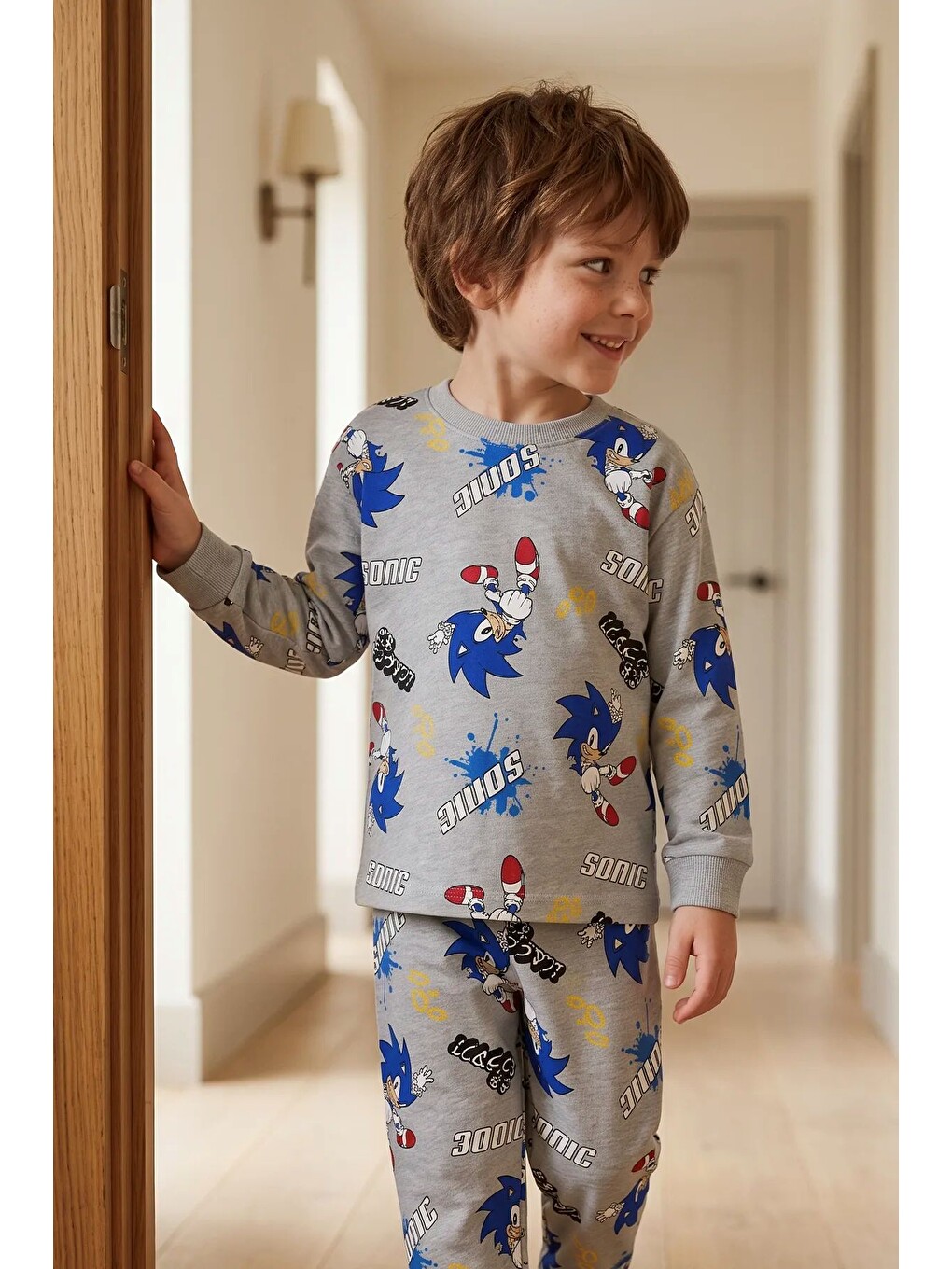 The Hedgehog Super Sonic Desenli %100 Pamuk Gri Renk Erkek Çocuk Pijama Takımı-3