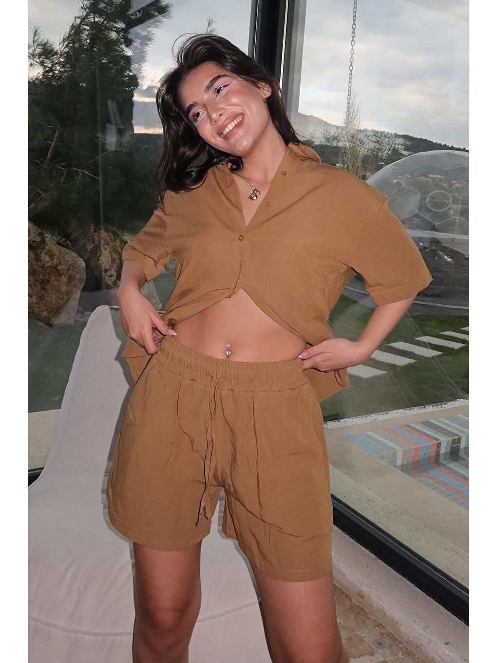Kahverengi Camel Basic Kadın Şort Gömlek Takım Mg2361
