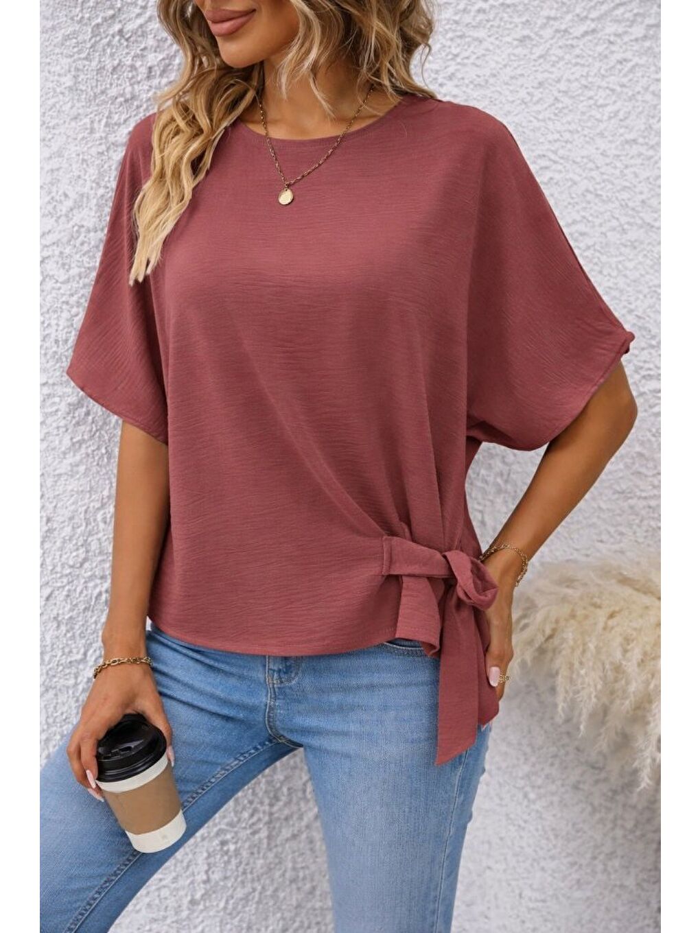 Pembe Kadın Kısa Kollu Bisiklet Yaka Yandan Bağcıklı Aerobin Bluz-1