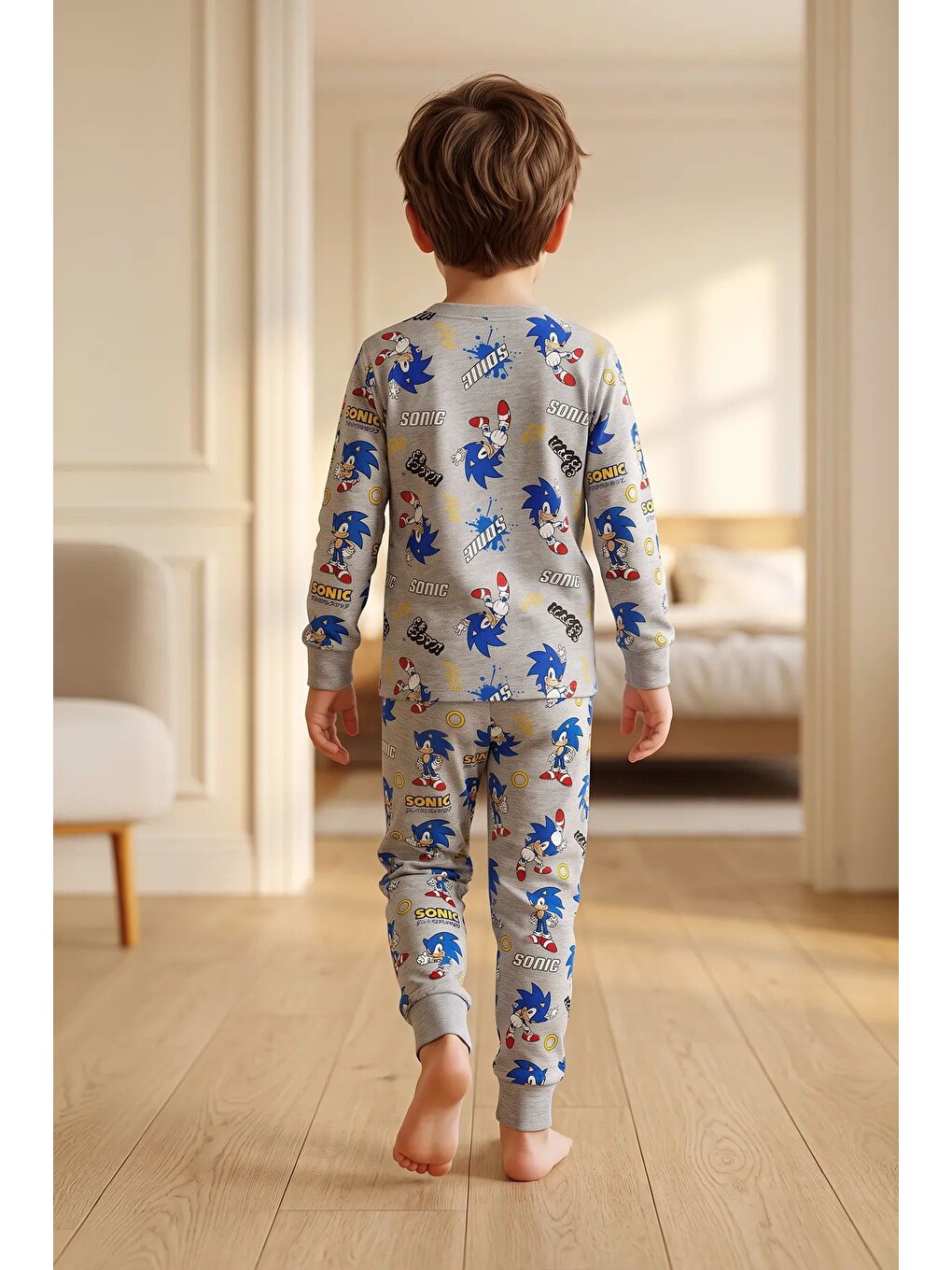 The Hedgehog Super Sonic Desenli %100 Pamuk Gri Renk Erkek Çocuk Pijama Takımı-4