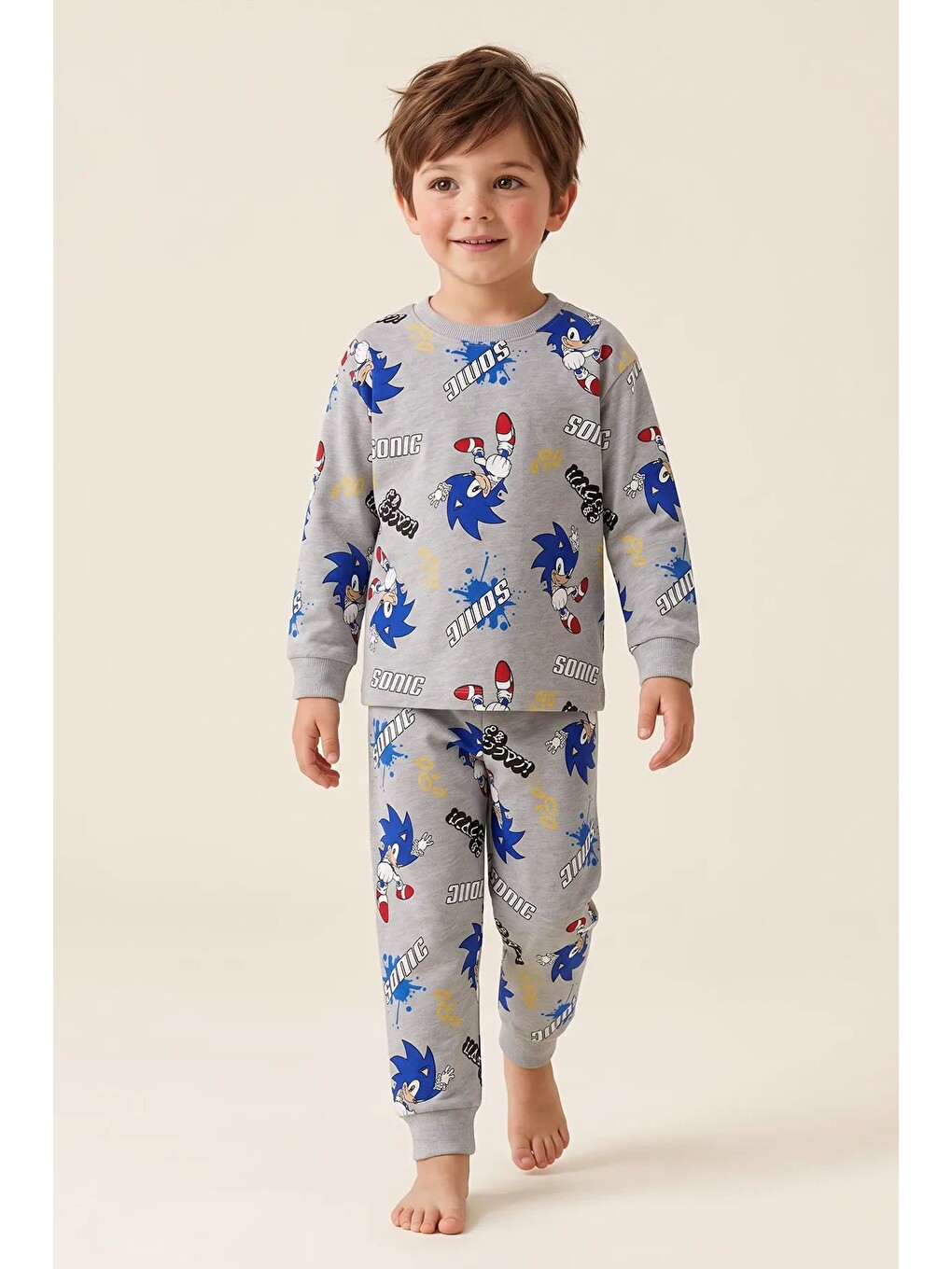The Hedgehog Super Sonic Desenli %100 Pamuk Gri Renk Erkek Çocuk Pijama Takımı-5