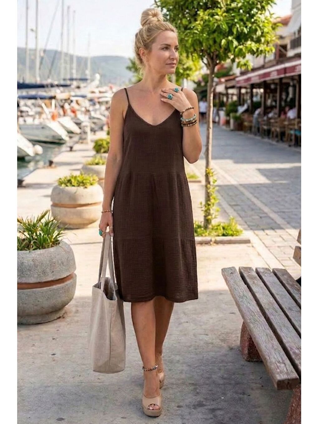 Kahverengi Askılı Eteği Fırfırlı Ayarlanabilir Askılı Casual Müslin Dokuma Elbise 98 55-1