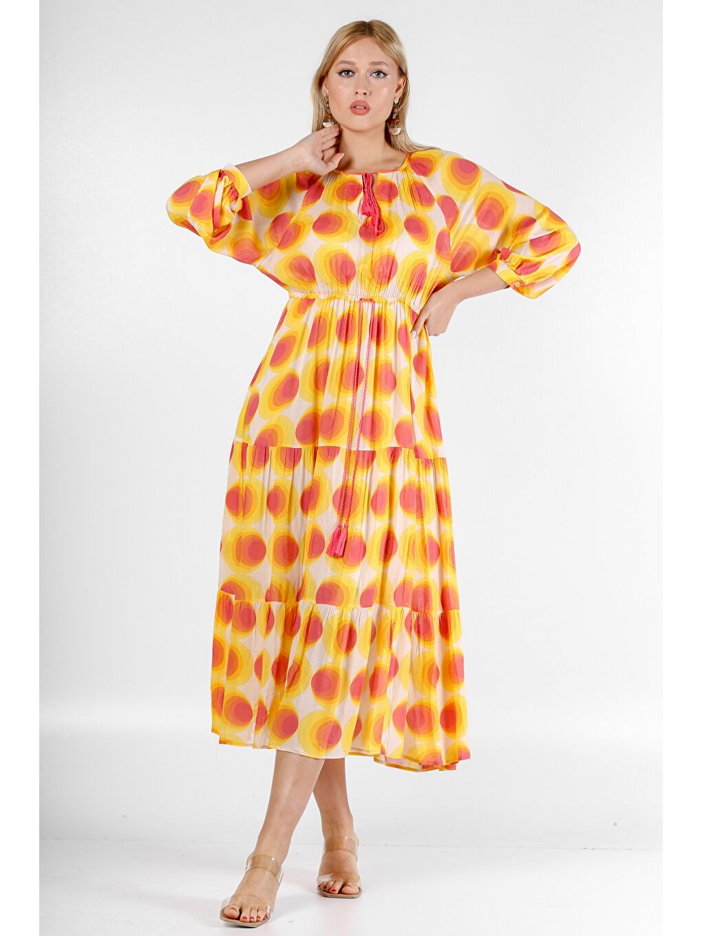 Pembe İtalyan Şeftali-Turuncu Yuvarlak Yaka 3/4 Kol Desenli Astarlı Şifon Dokuma Elbise-3