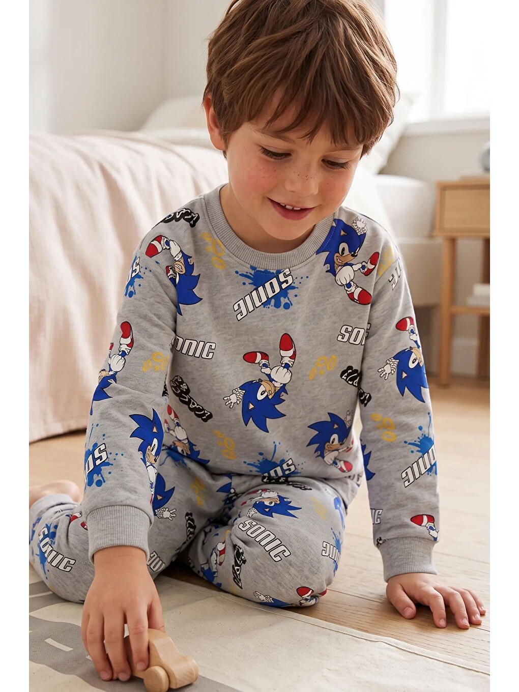 The Hedgehog Super Sonic Desenli %100 Pamuk Gri Renk Erkek Çocuk Pijama Takımı-6