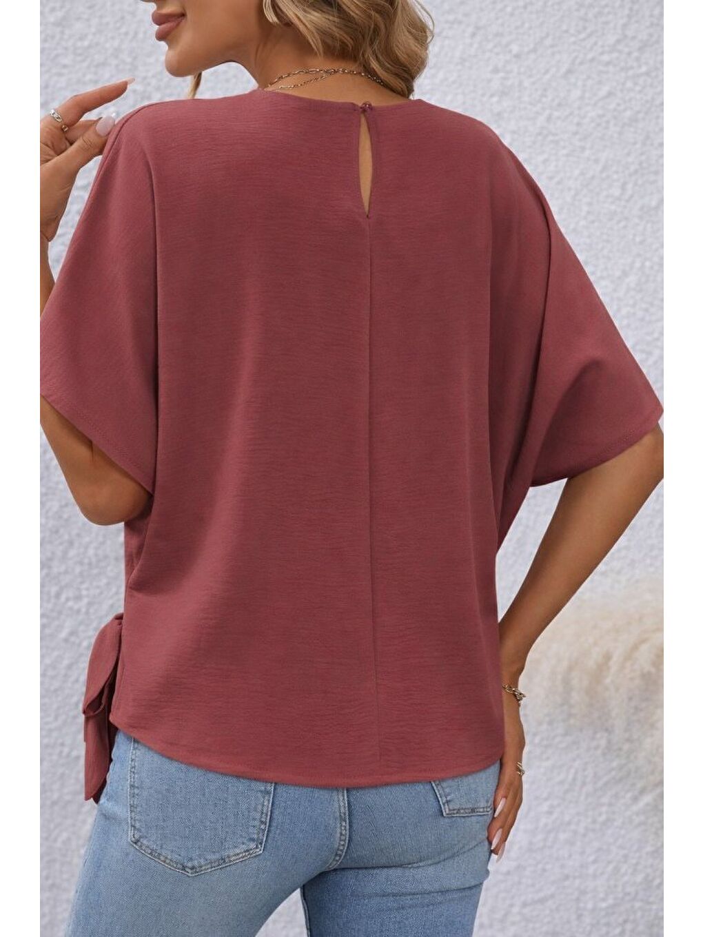 Pembe Kadın Kısa Kollu Bisiklet Yaka Yandan Bağcıklı Aerobin Bluz-2