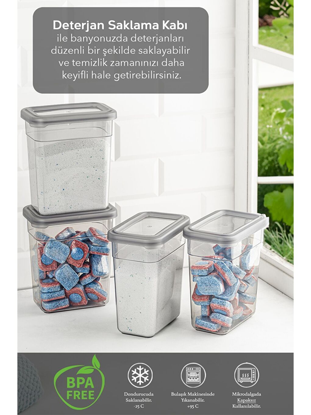 Gri 4 lü Etiketli Deterjan Saklama Kabı Seti   Hava Geçirmez Kapaklı Saklama Kutusu   4 x 1100 ml-1