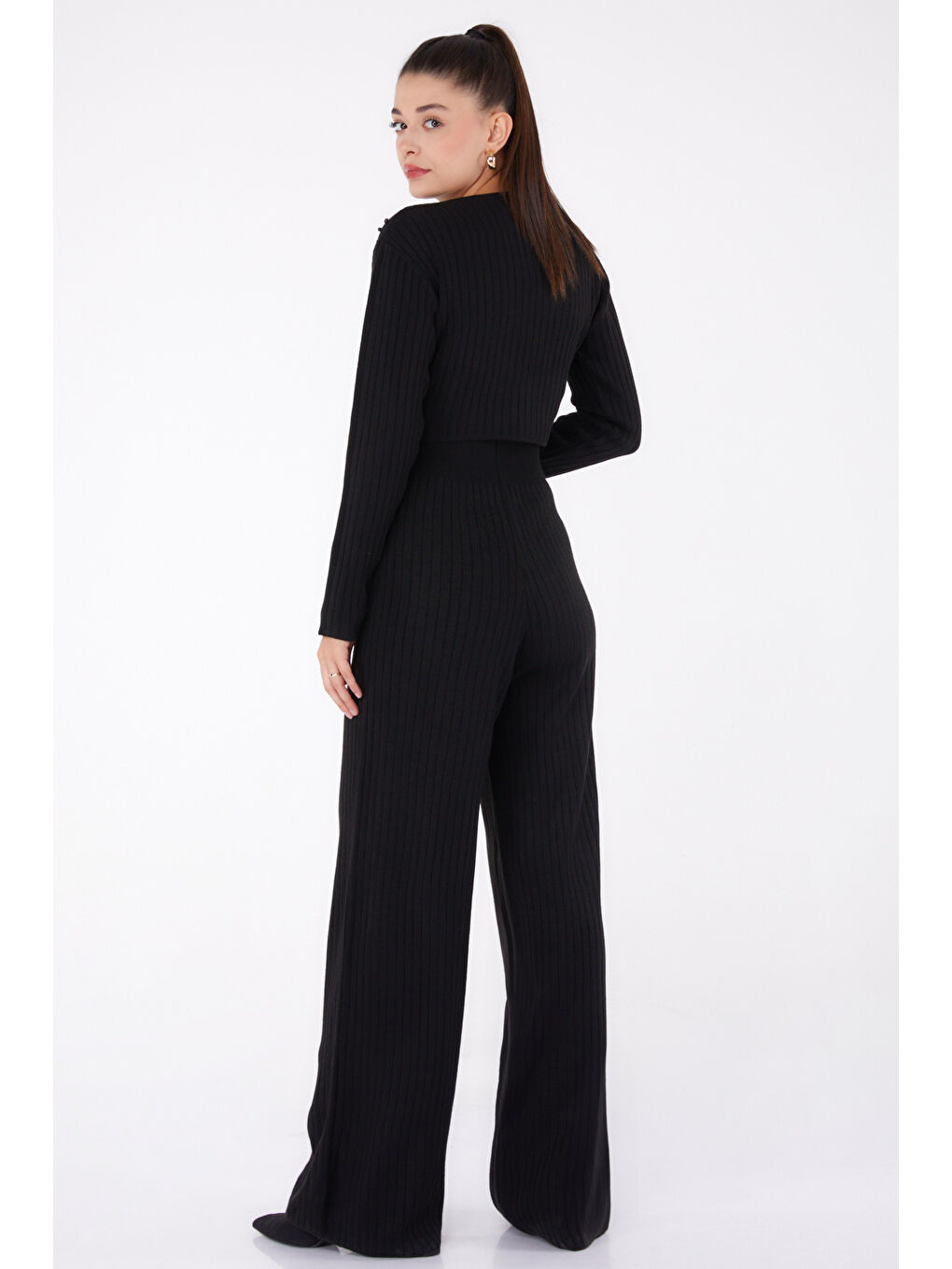 Fitilli Taş Detaylı Triko Takım Siyah - 27633-3