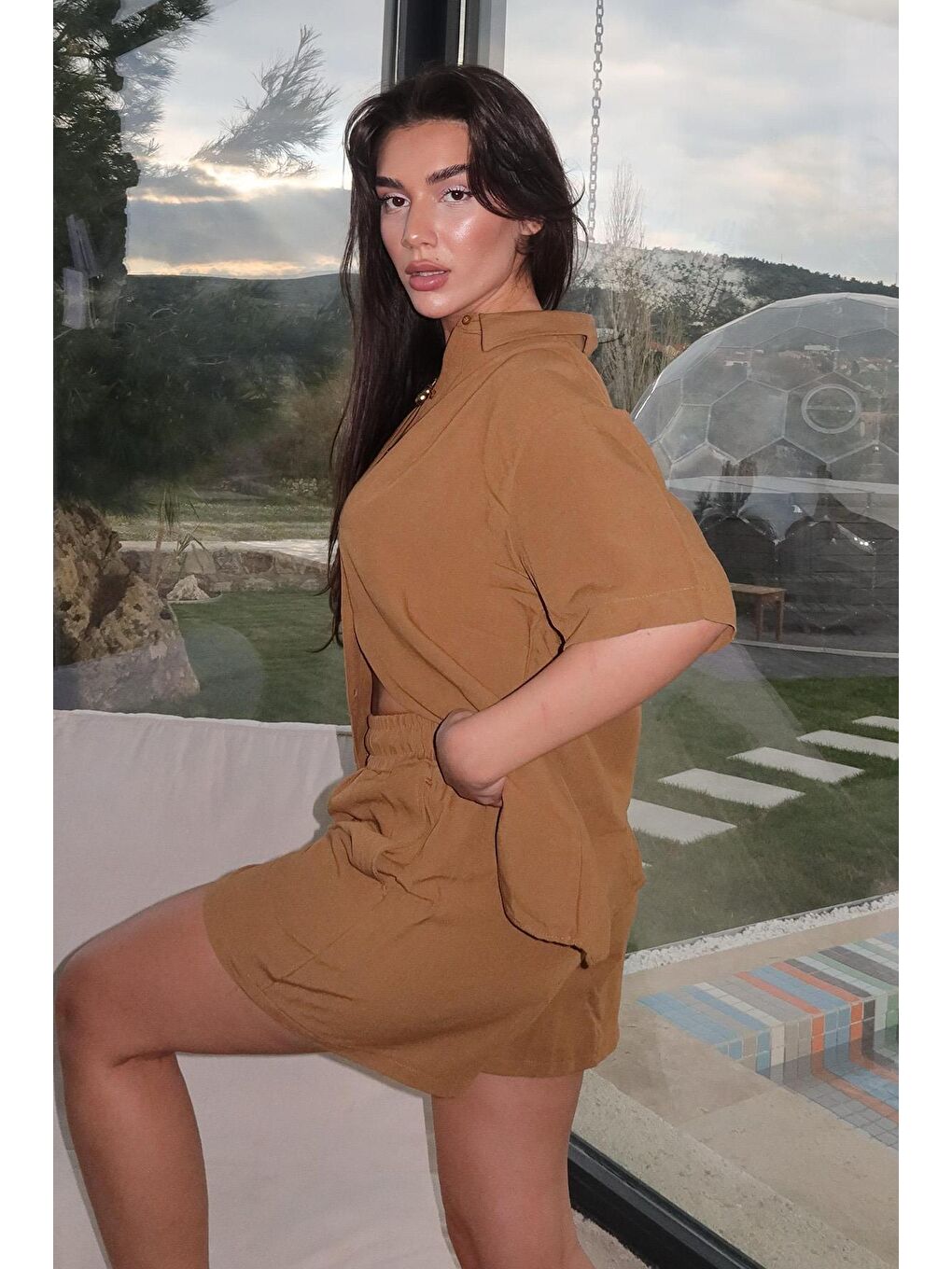 Kahverengi Camel Basic Kadın Şort Gömlek Takım Mg2361-1