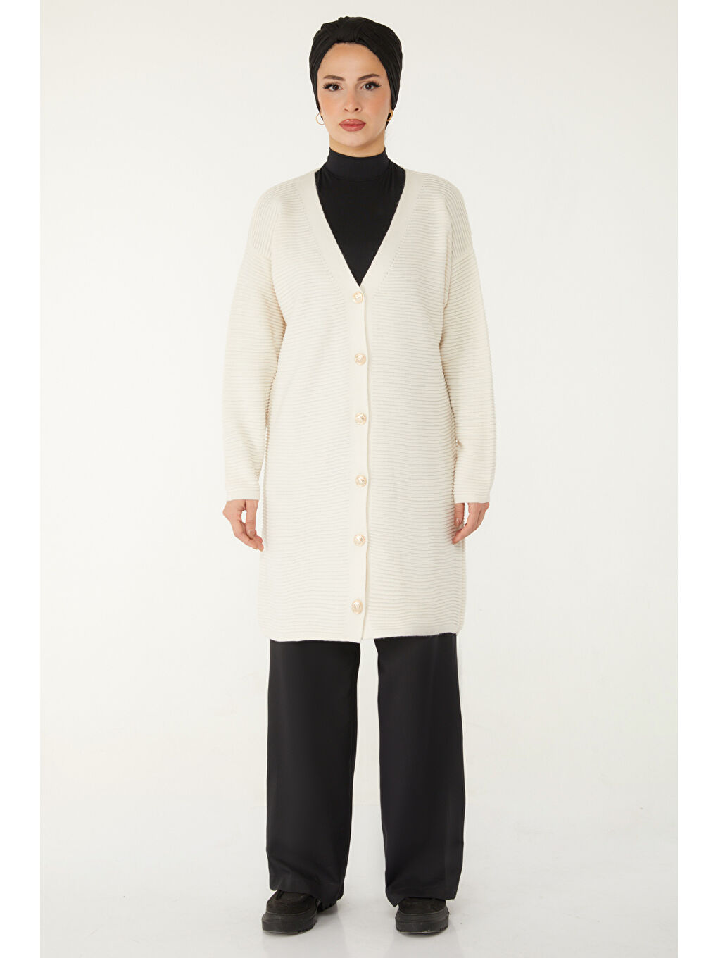 Fitilli Düğmeli Uzun Triko Hırka Ekru - 27639-1