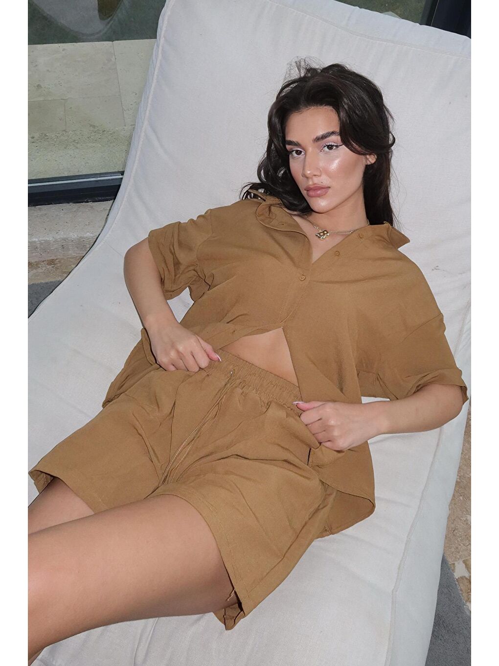Kahverengi Camel Basic Kadın Şort Gömlek Takım Mg2361-2