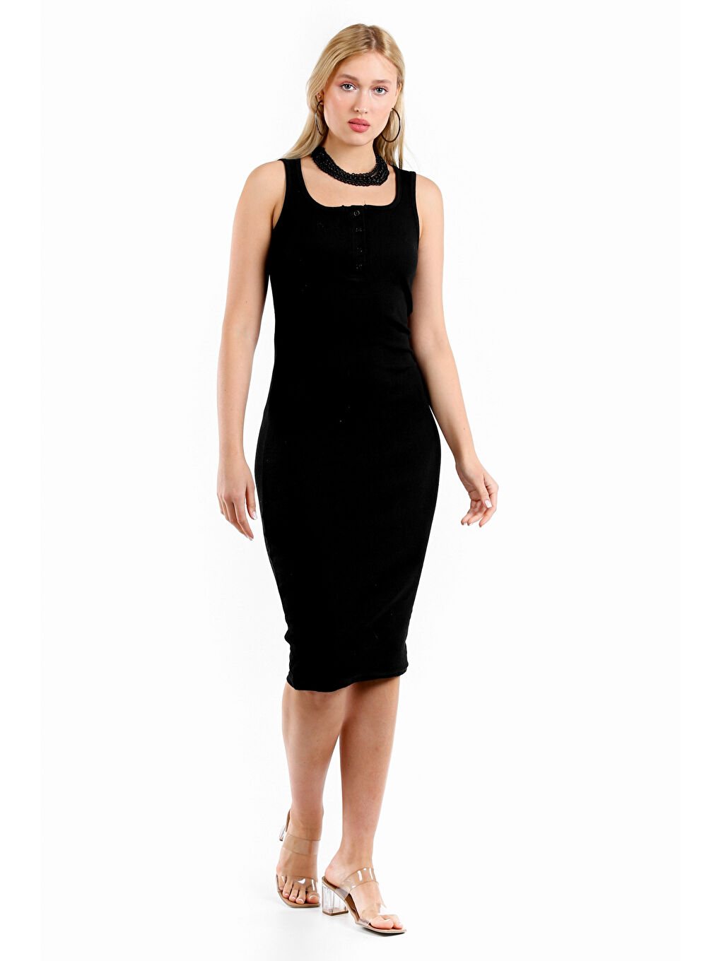 Siyah Kare Yaka Kolsuz Örme Elbise-5