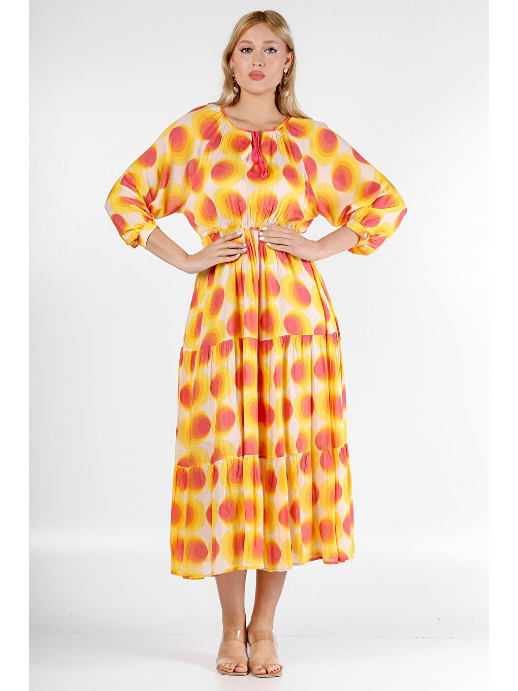 Pembe İtalyan Şeftali-Turuncu Yuvarlak Yaka 3/4 Kol Desenli Astarlı Şifon Dokuma Elbise-4