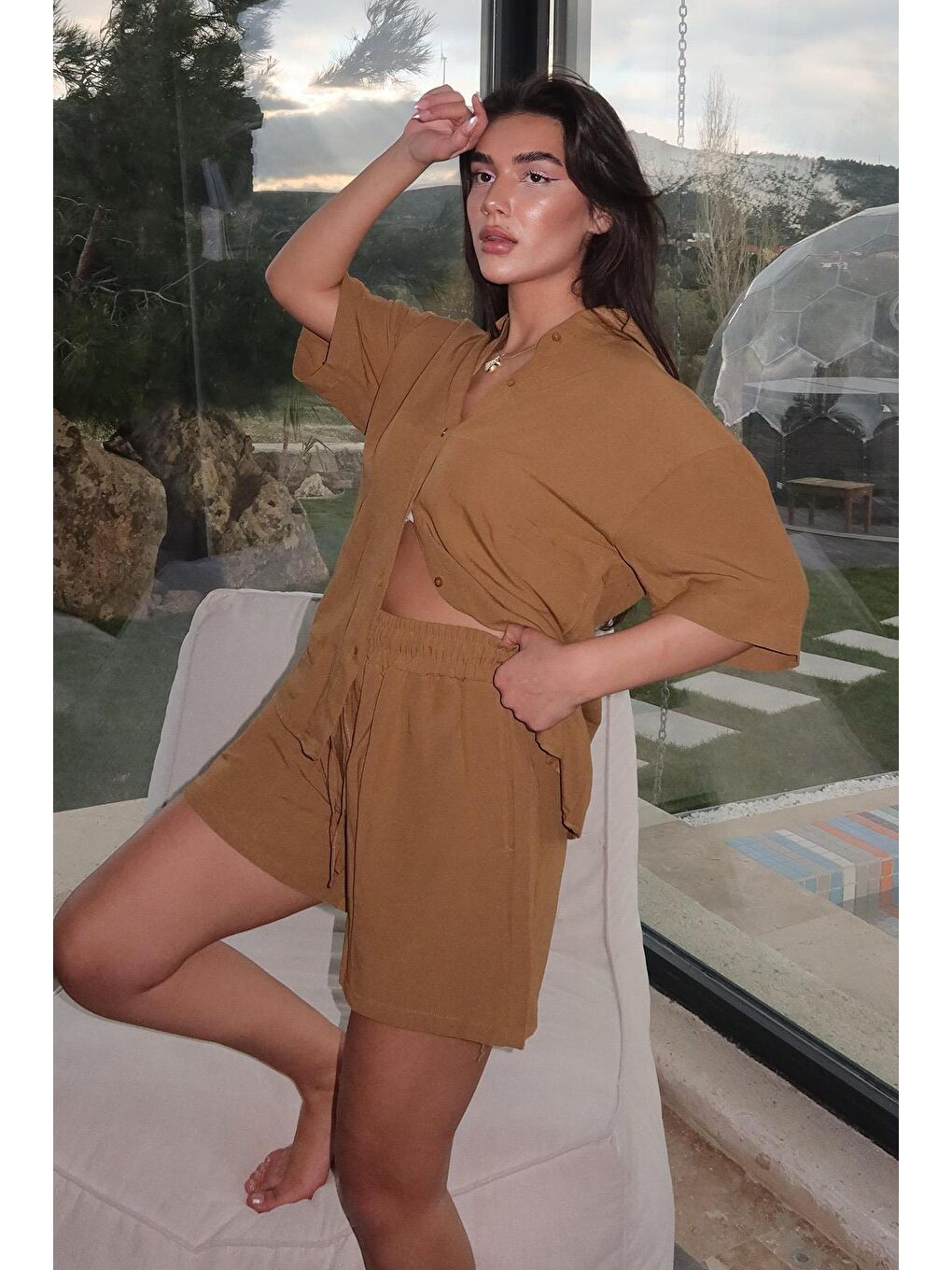 Kahverengi Camel Basic Kadın Şort Gömlek Takım Mg2361-3