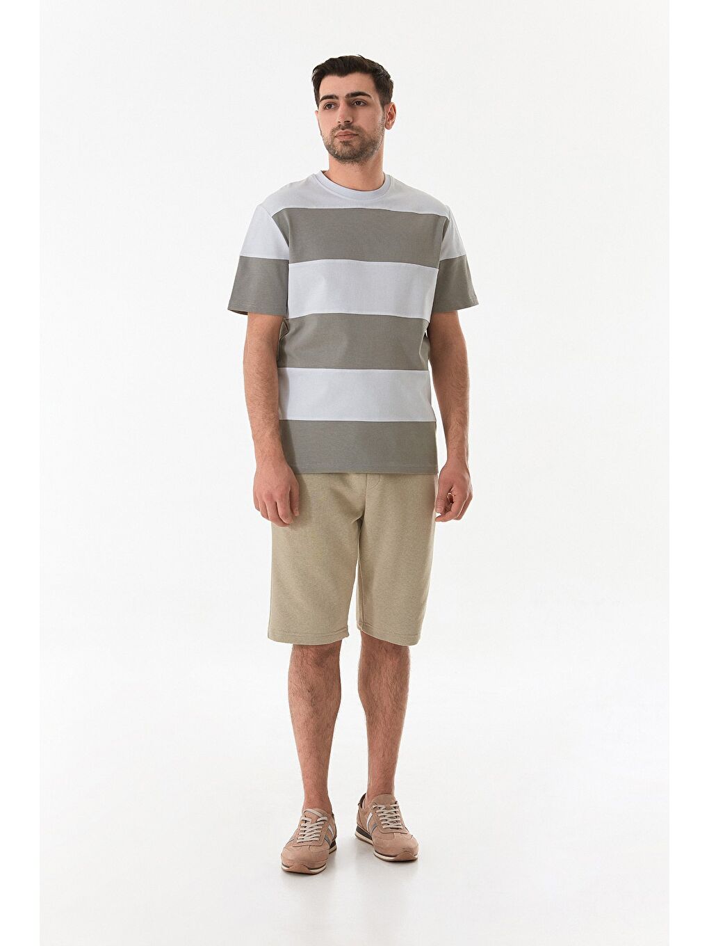 Gri Şeritli Bisiklet Yaka Oversize Tişört-1