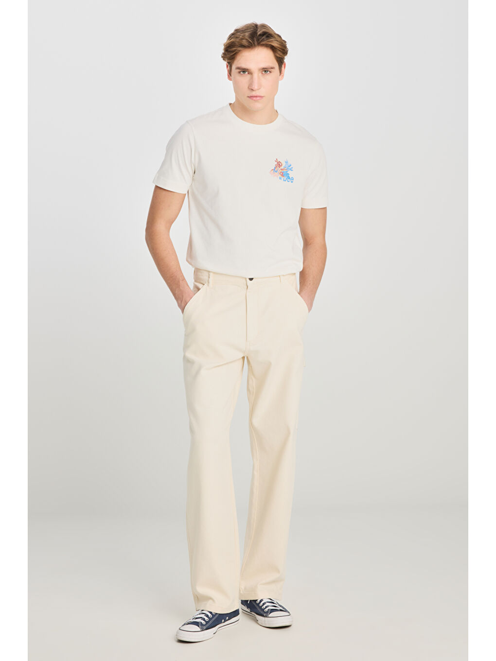 %100 Pamuk Carpenter Fit Geniş Kesim Ekru Denim Jean Pantolon