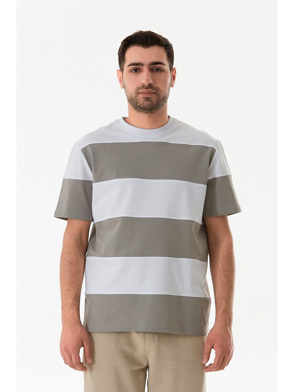 Gri Şeritli Bisiklet Yaka Oversize Tişört-2