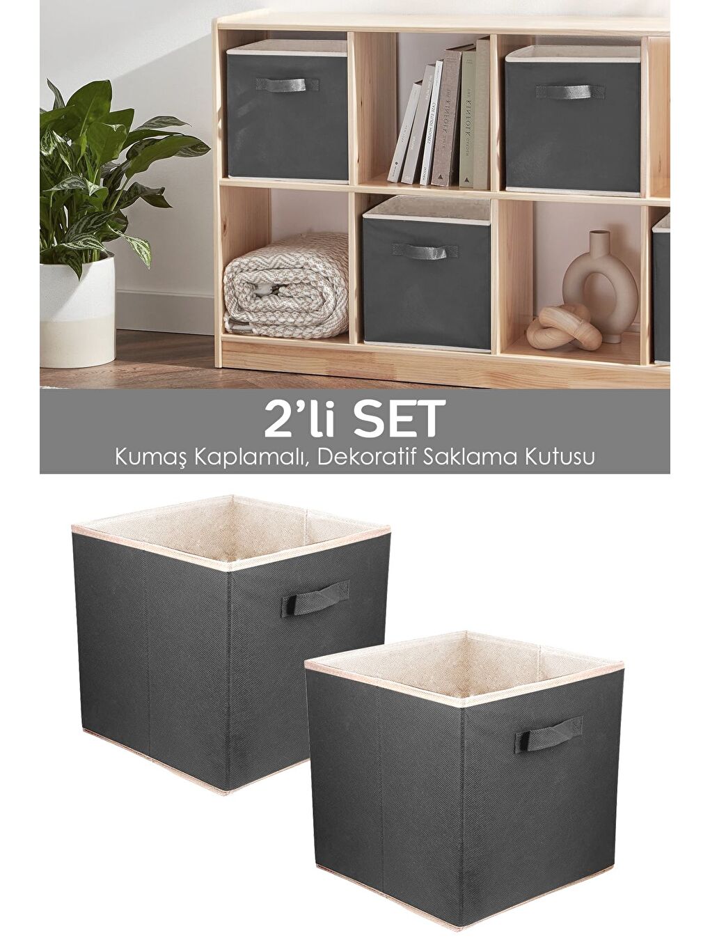 Gri 2 li Dolap Içi Düzenleyici  Çamaşır Oyuncak Saklama Kutusu Sepet Organizer 33x30x30