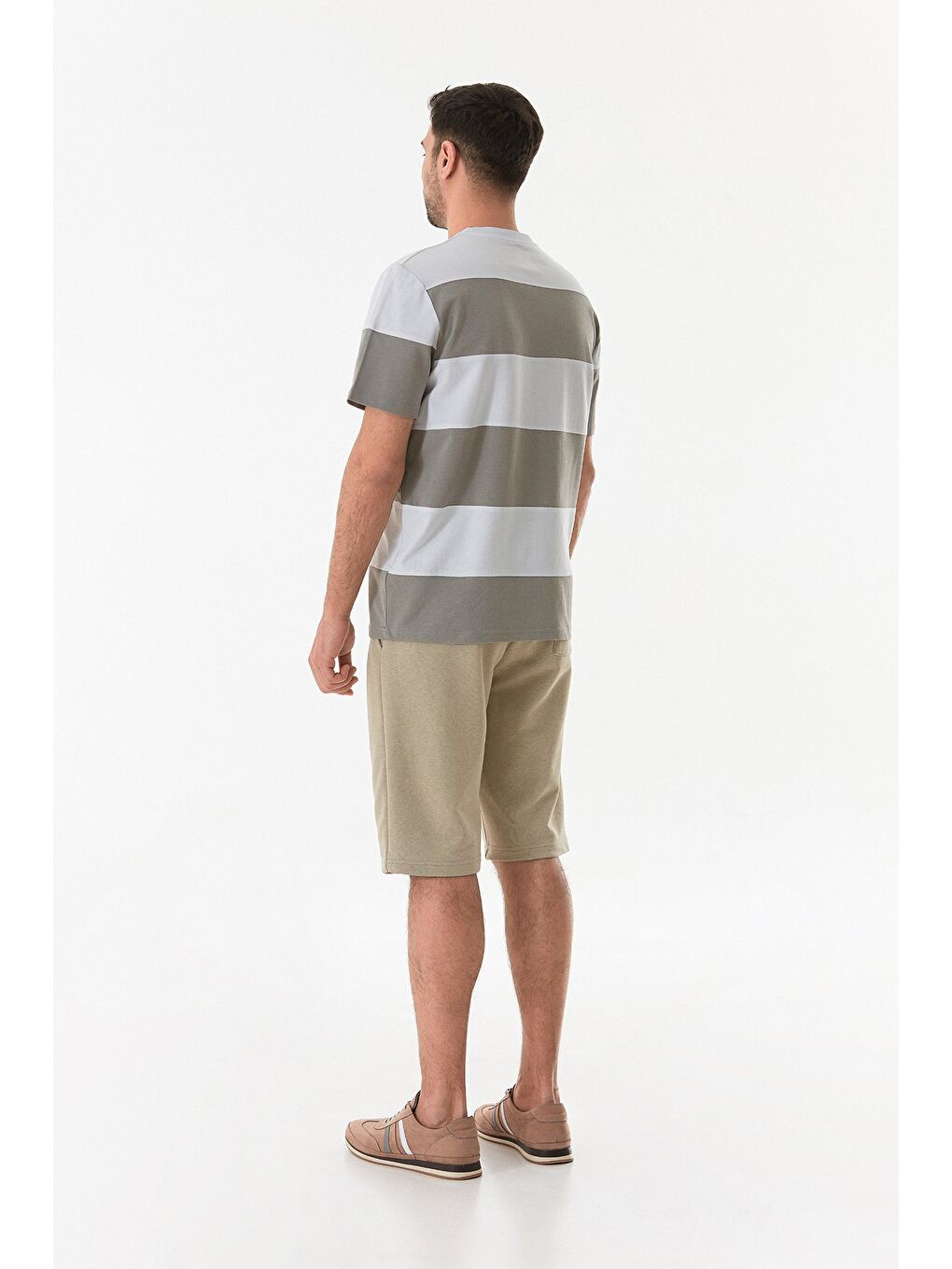 Gri Şeritli Bisiklet Yaka Oversize Tişört-3