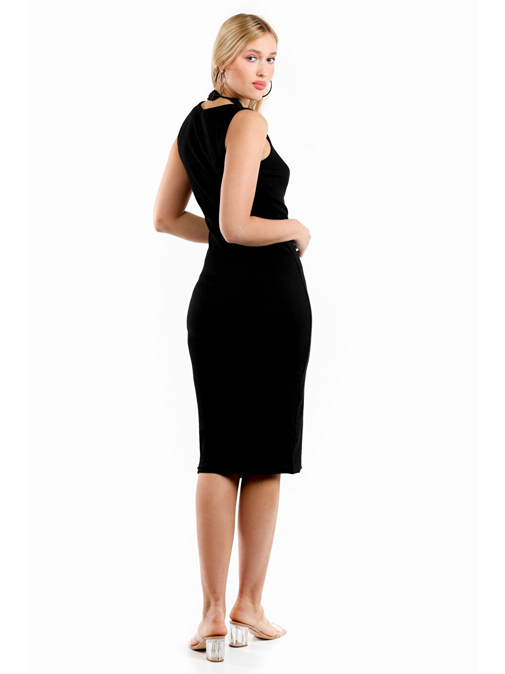 Siyah Kare Yaka Kolsuz Örme Elbise-6