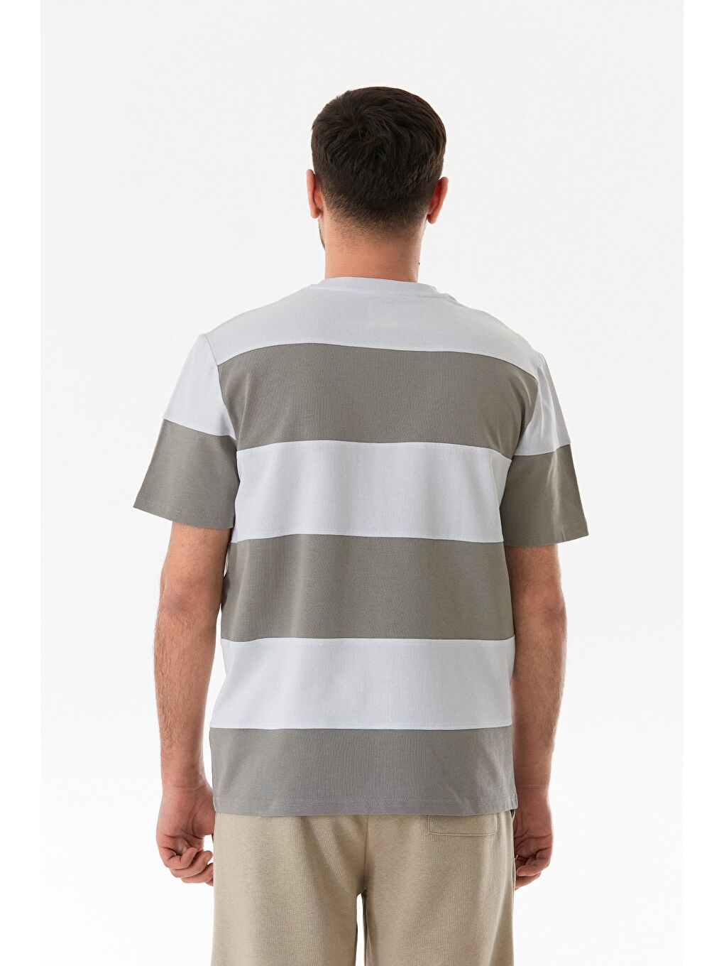 Gri Şeritli Bisiklet Yaka Oversize Tişört-4